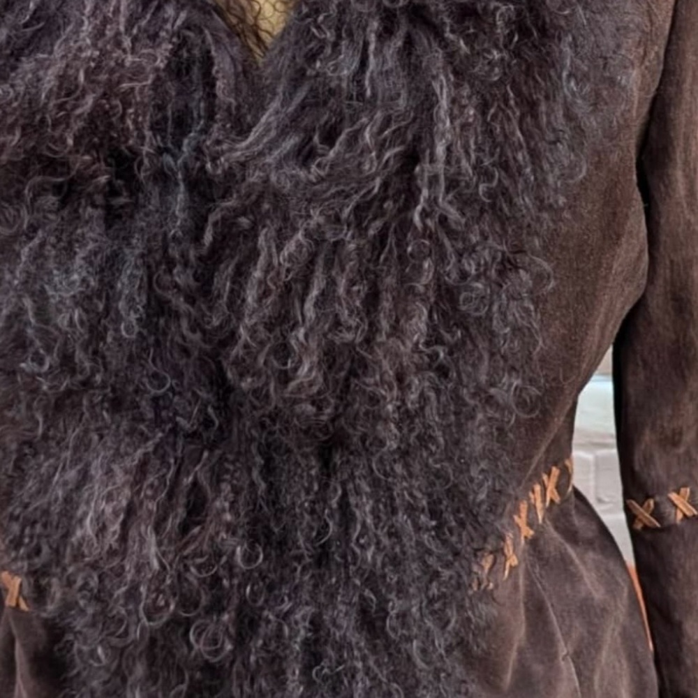Y2K Genuine Suede Leather Chocolate Brown long Coat with suede stitch Lamb Fur - Picture 11 of 11